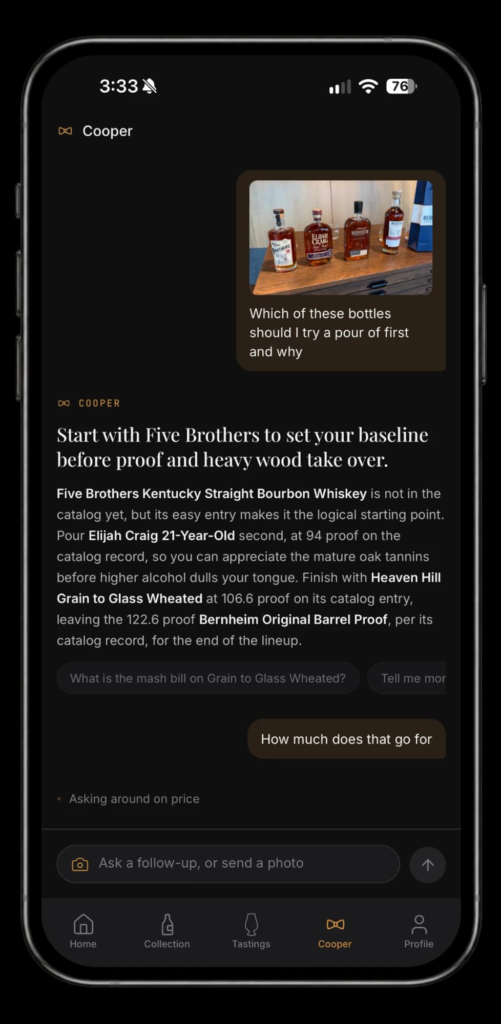 Cooper reading a photo of four bourbon bottles and recommending which to pour first, and why